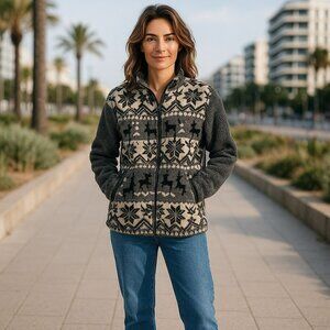 Vintage G4000 Womens Medium Gray Deer Winter Full Zip Up Fleece Sweater Jacket